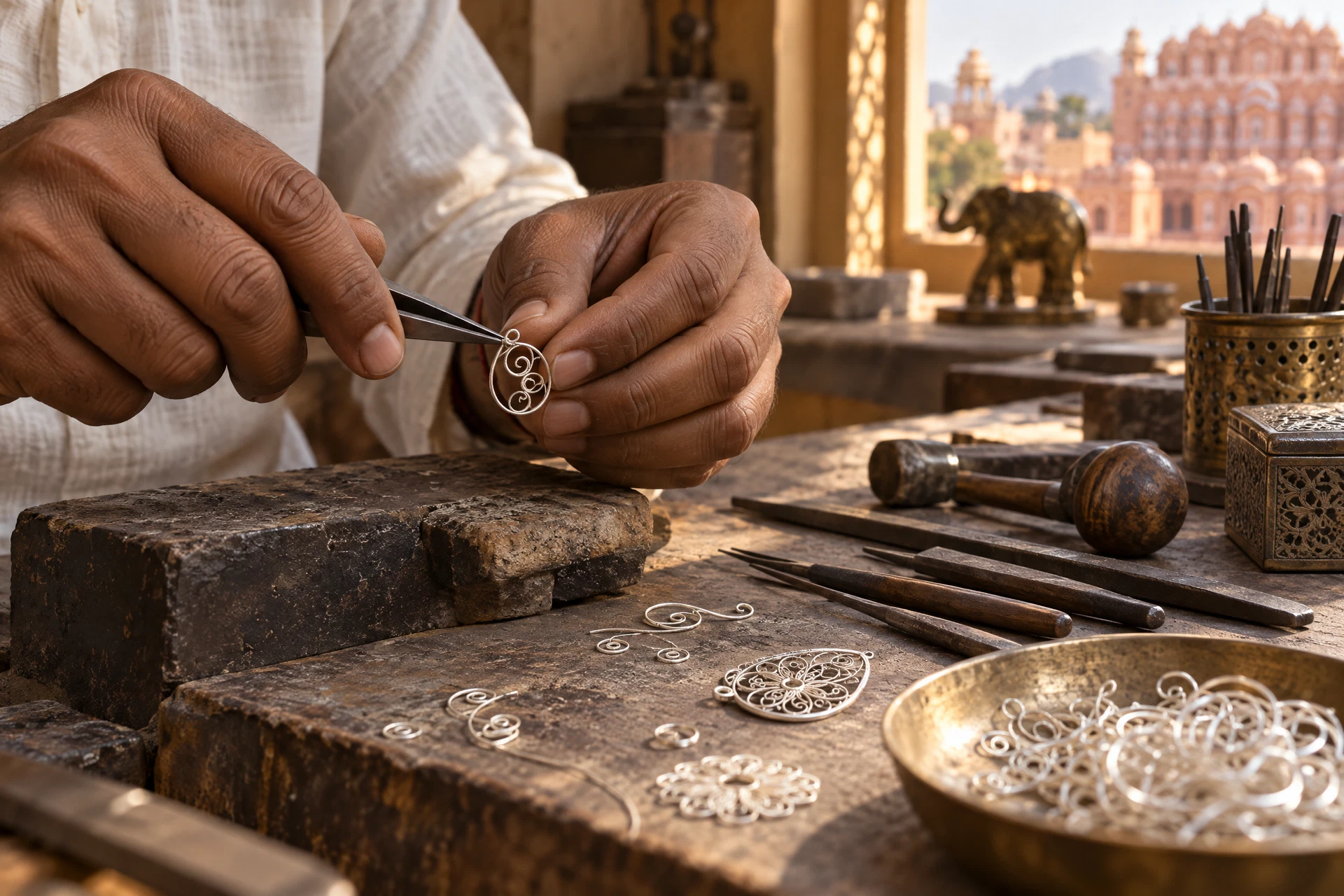 An artisan's hands shaping a fine silver wire at a jewellery workbench