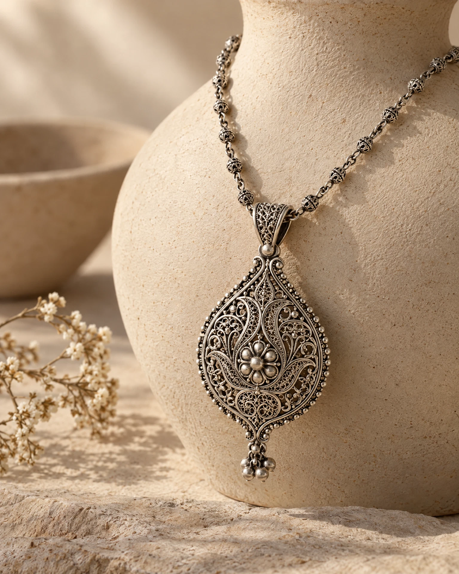 Handcrafted silver filigree pendant necklace on a warm sand-coloured ceramic form